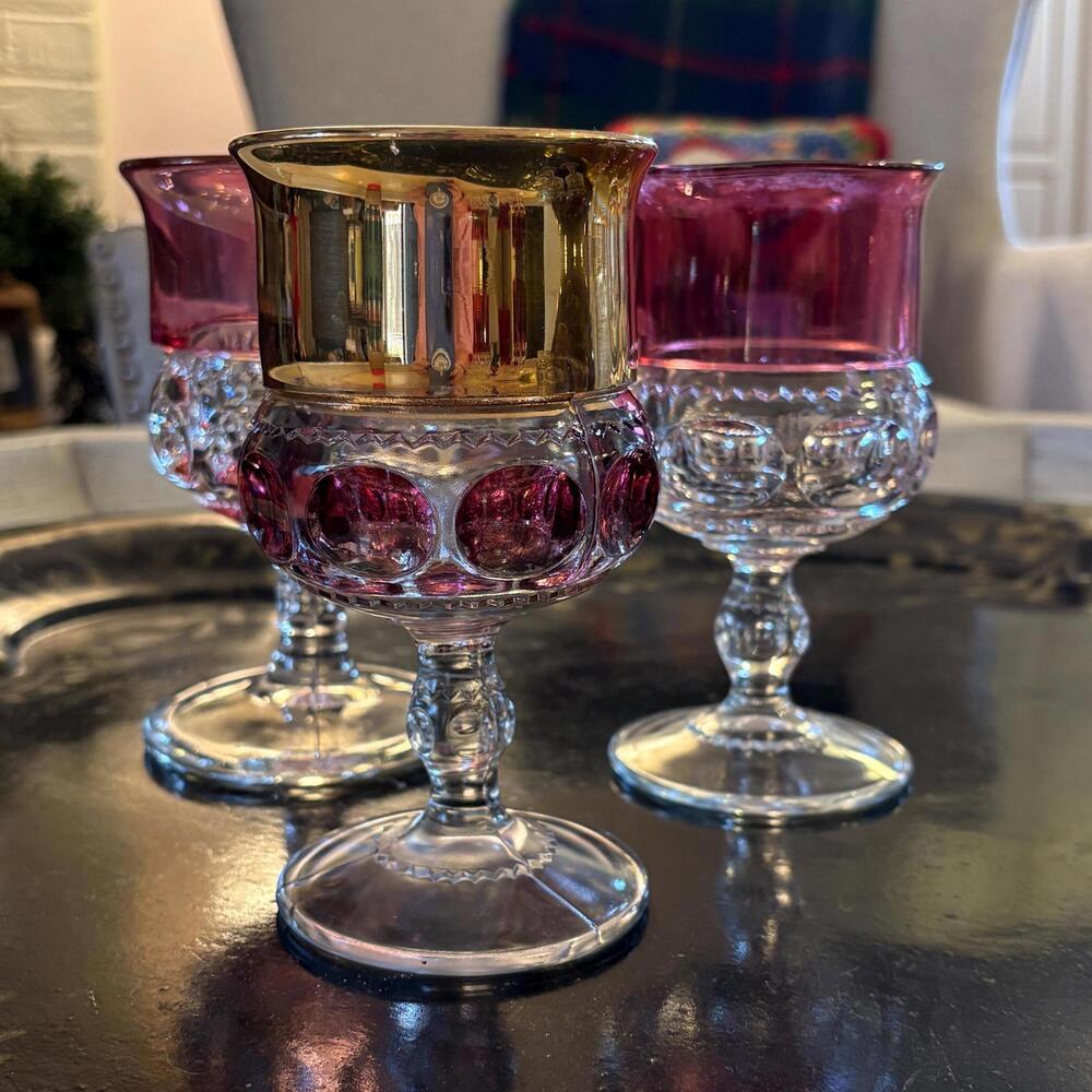 Vintage Kings Crown‎ Ruby Flash Goblets Mixed Set of 3 Thumbprint Pink Red Gold